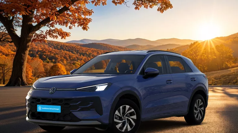 Ein VW Tiguan steht auf einer Straße. Im Hintergrund sieht man die Berge und ein kleines Dorf.