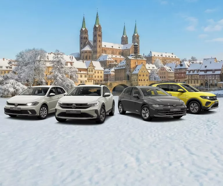 Vier VW-Modelle stehen vor Winterlandschaft