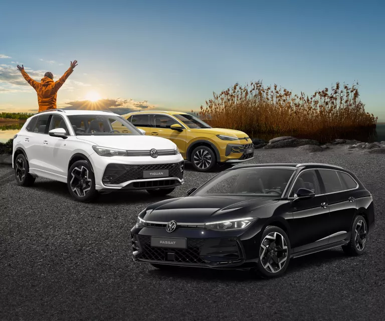 Drei VW Modelle die auf Asphalt stehen, vor Schilf und einem See.