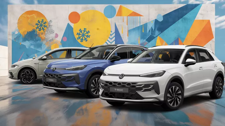 Drei VW-Modelle vor einer Wand mit winterlich, farbenfrohem, geometrischem Street-Art-Graffiti.