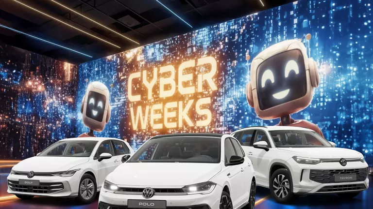Drei VW-Modelle vor einer großen digitalen Wand mit leuchtendem Schriftzug "CYBER WEEKS" und zwei lächelnden Roboter.