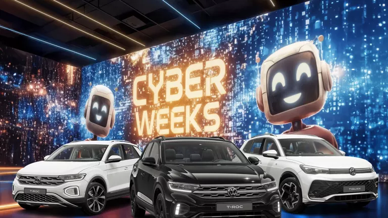 Drei VW-Modelle vor einer großen digitalen Wand mit leuchtendem Schriftzug "CYBER WEEKS" und zwei lächelnden Roboter.