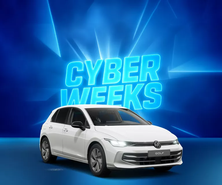 VW Golf ENERGY in Weiß vor blauem Hintergrund mit leuchtendem Schriftzug "CYBER WEEKS".