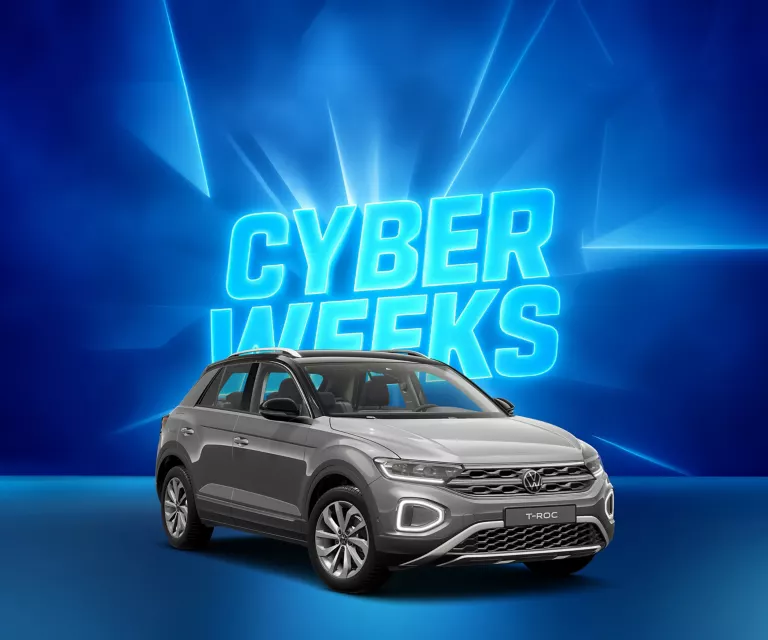 VW T-Roc in Grau vor blauem Hintergrund mit leuchtendem Schriftzug "CYBER WEEKS".