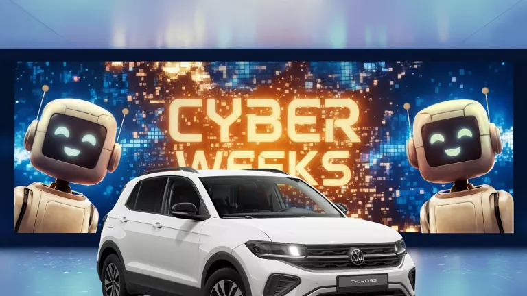 Drei VW-Modelle vor leuchtendem "CYBER WEEKS"-Schriftzug und zwei lächelnden Roboter.
