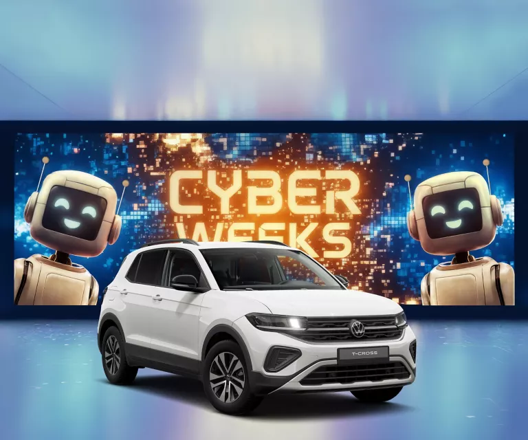 Drei VW-Modelle vor leuchtendem "CYBER WEEKS"-Schriftzug und zwei lächelnden Roboter.
