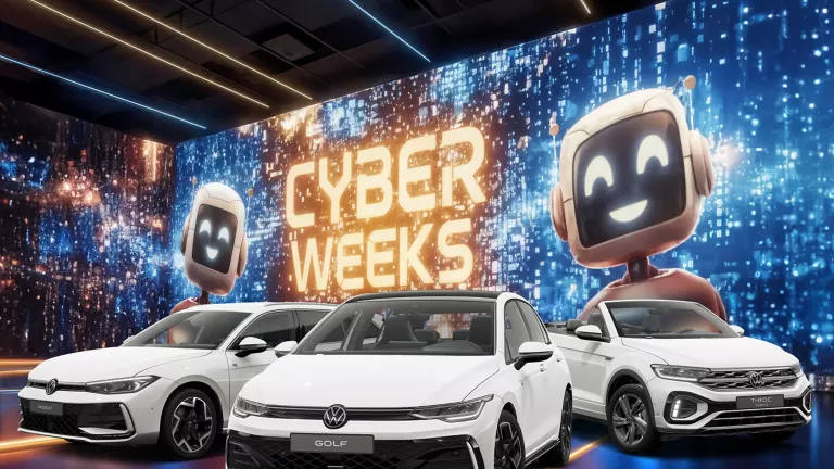 Drei VW-Modelle vor einer großen digitalen Wand mit leuchtendem Schriftzug "CYBER WEEKS" und zwei lächelnden Roboter.