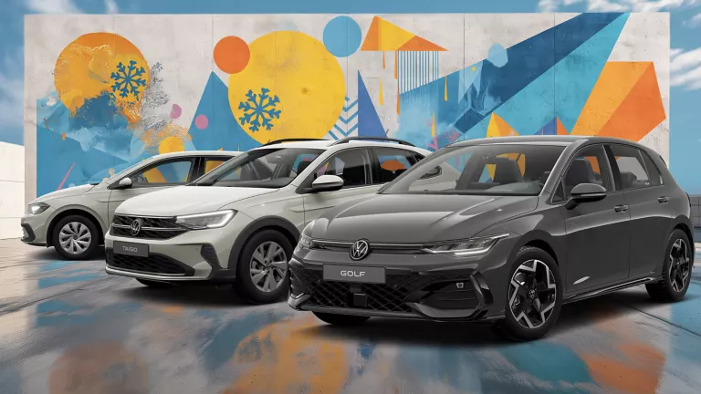 Drei VW-Modelle vor einer Wand mit winterlich, farbenfrohem, geometrischem Street-Art-Graffiti.