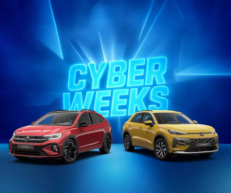 Zwei VW-Modelle vor blauem Hintergrund mit leuchtendem Schriftzug "CYBER WEEKS".