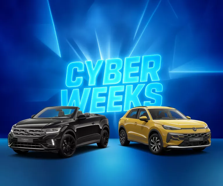 Zwei VW-Modelle vor blauem Hintergrund mit leuchtendem Schriftzug "CYBER WEEKS".
