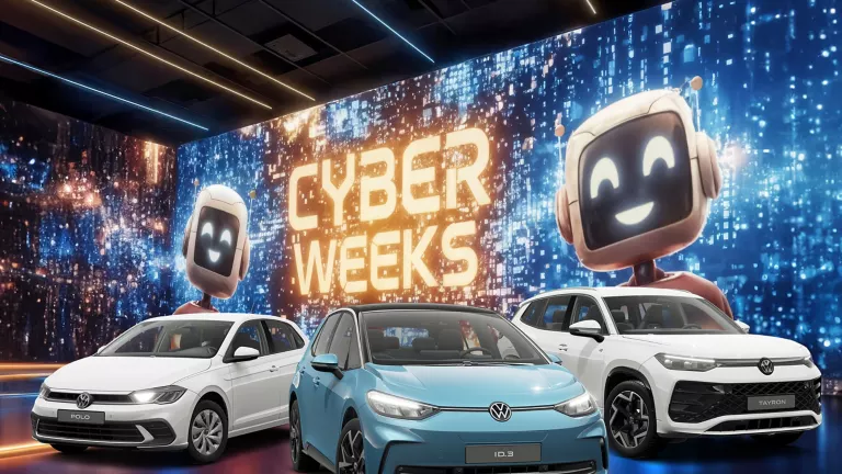 Drei VW-Modelle vor einer großen digitalen Wand mit leuchtendem Schriftzug "CYBER WEEKS" und zwei lächelnden Roboter.