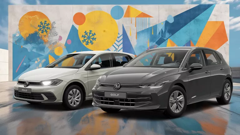 Zwei VW-Modelle stehen nebeneinander vor einer Wand mit winterlich, farbenfrohem, geometrischem Street-Art-Graffiti. 