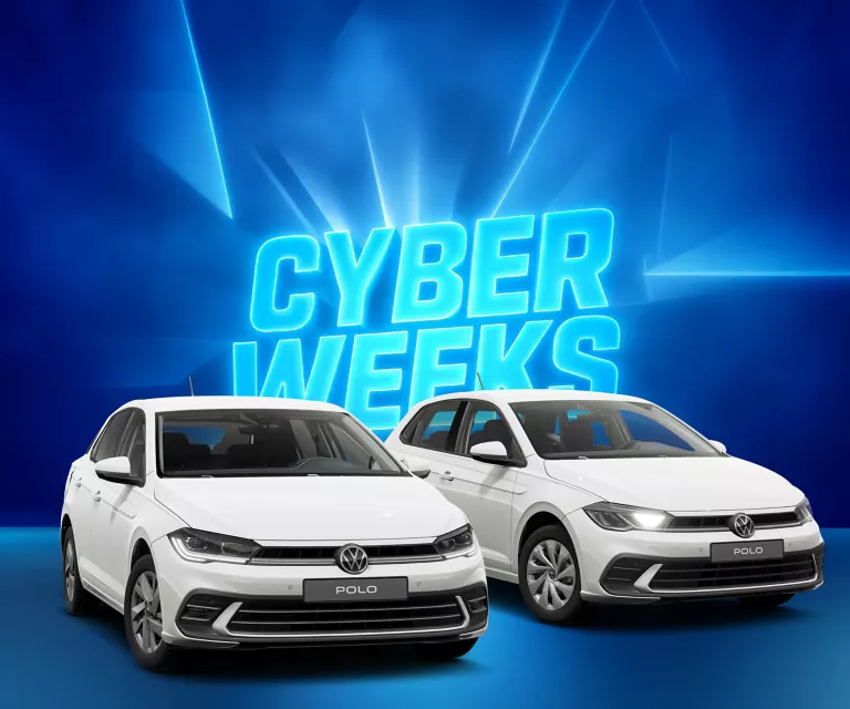 Zwei VW Polos vor blauem Hintergrund mit leuchtendem Schriftzug "CYBER WEEKS".
