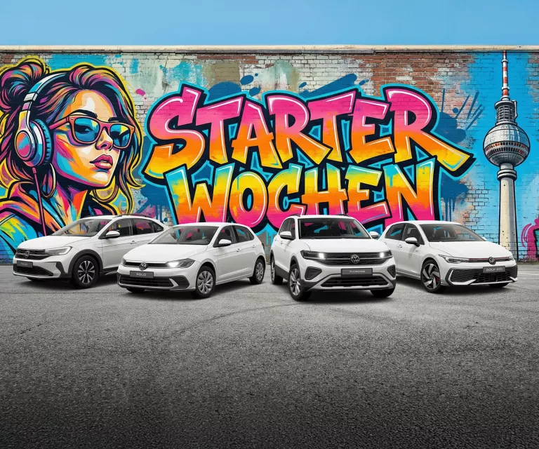 Vier VW-Modelle vor einer Wand mit buntem Grafiti mit der Aufschrift "Starter Wochen"