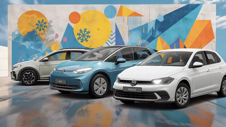 Drei VW-Modelle vor einer Wand mit winterlich, farbenfrohem, geometrischem Street-Art-Graffiti.