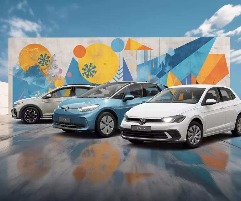 Drei VW-Modelle vor einer Wand mit winterlich, farbenfrohem, geometrischem Street-Art-Graffiti.
