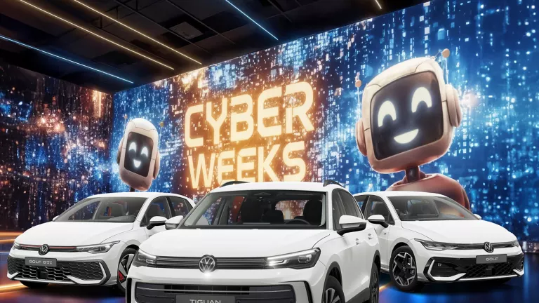 Drei VW-Modelle vor einer großen digitalen Wand mit leuchtendem Schriftzug "CYBER WEEKS" und zwei lächelnden Roboter.