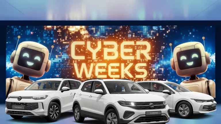 Drei VW-Modelle vor leuchtendem "CYBER WEEKS"-Schriftzug und zwei lächelnden Roboter.