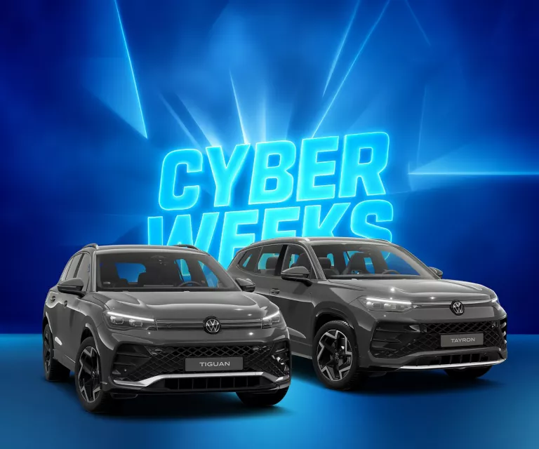 Zwei VW-Modelle vor blauem Hintergrund mit leuchtendem Schriftzug "CYBER WEEKS".