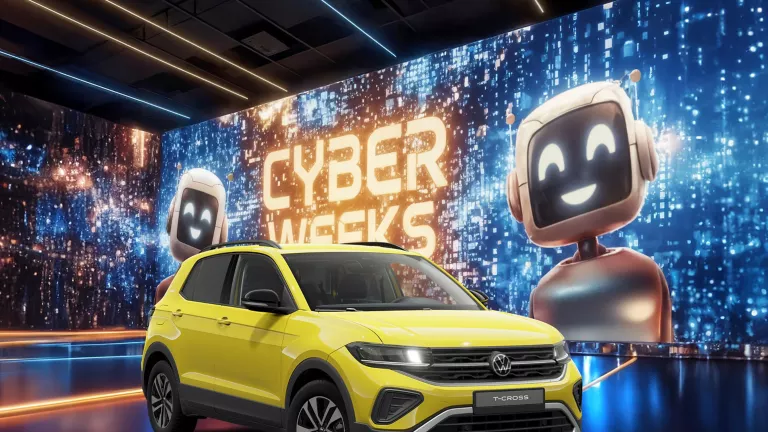 VW T-Cross vor blauem Hintergrund mit leuchtendem Schriftzug "CYBER WEEKS".