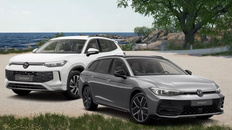 VW Tayron udn Passat an einem Strand mit Meer und Bäumen im Hintergrund