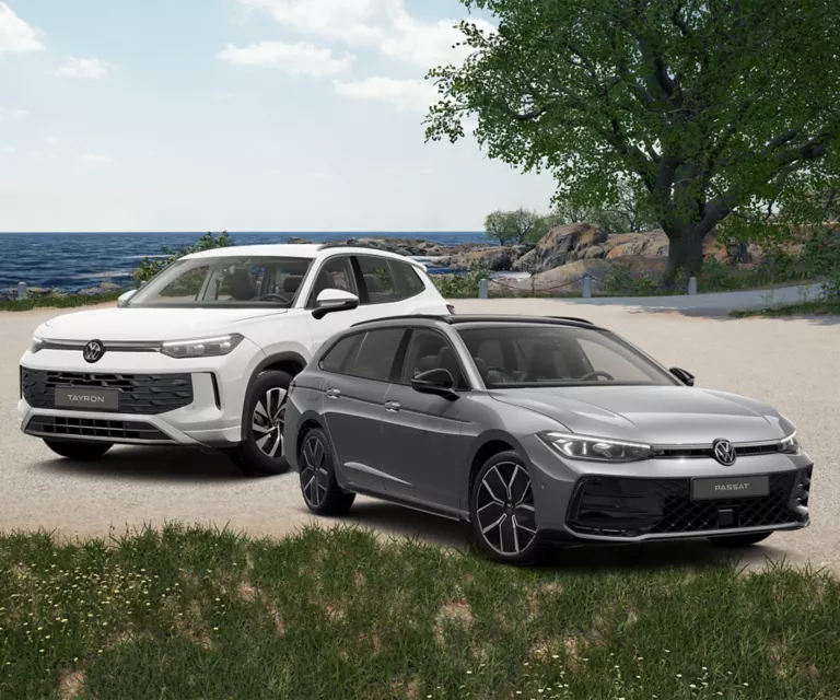 VW Tayron udn Passat an einem Strand mit Meer und Bäumen im Hintergrund