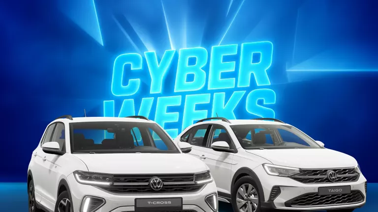Zwei VW-Modelle vor blauem Hintergrund mit leuchtendem Schriftzug "CYBER WEEKS"
