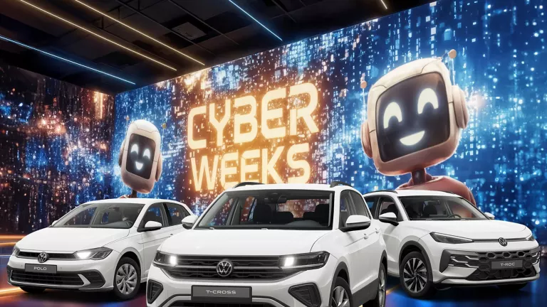 Drei VW-Modelle vor einer großen digitalen Wand mit leuchtendem Schriftzug "CYBER WEEKS" und zwei lächelnden Roboter.