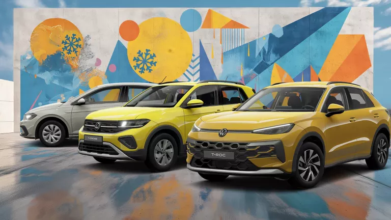 Drei VW-Modelle vor einer Wand mit winterlich, farbenfrohem, geometrischem Street-Art-Graffiti.