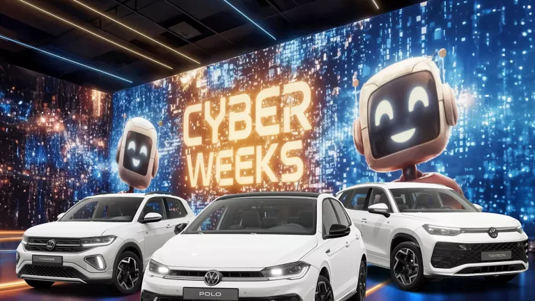Drei VW-Modelle vor einer großen digitalen Wand mit leuchtendem Schriftzug "CYBER WEEKS" und zwei lächelnden Roboter.