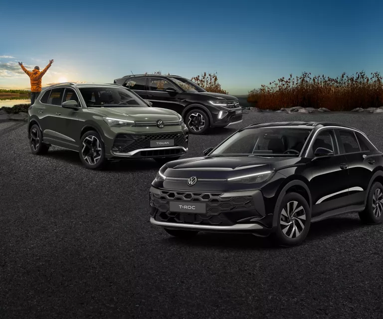 3 VW Modelle die auf Asphalt stehen, vor Schilf und einem See.