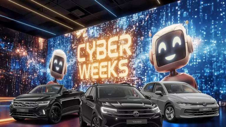 Drei VW-Modelle vor einer großen digitalen Wand mit leuchtendem Schriftzug "CYBER WEEKS" und zwei lächelnden Roboter.