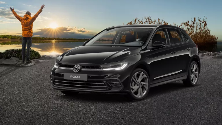 Seitliche Ansicht eines schwarzen VW Polo, der auf Asphalt steht, vor Schilf und einem See