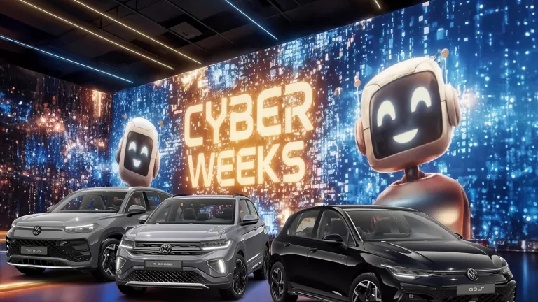 Drei VW-Modelle vor einer großen digitalen Wand mit leuchtendem Schriftzug "CYBER WEEKS" und zwei lächelnden Roboter.