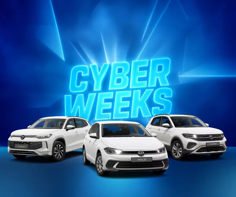 Drei VW-Modelle vor blauem Hintergrund mit leuchtendem Schriftzug "CYBER WEEKS".