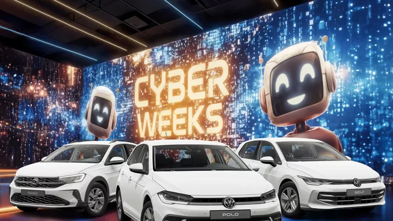 Drei VW-Modelle vor einer großen digitalen Wand mit leuchtendem Schriftzug "CYBER WEEKS" und zwei lächelnden Roboter.