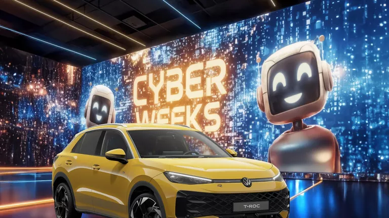 VW T-Roc in Gelb vor digitaler Wand mit leuchtendem Schriftzug "CYBER WEEKS" und zwei lächelnden Roboterfiguren.