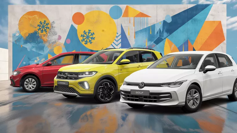 Drei VW-Modelle stehen nebeneinander vor einer Wand mit winterlich, farbenfrohem, geometrischem Street-Art-Graffiti.