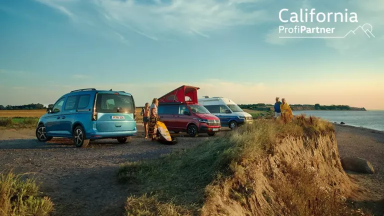 Drei Campingfahrzeuge und sechs Personen an einer Küste bei Sonnenuntergang, zwei Personen blicken aufs Meer, zwei Frauen mit Surfbrett neben einem roten Camper mit aufgestelltem Dach