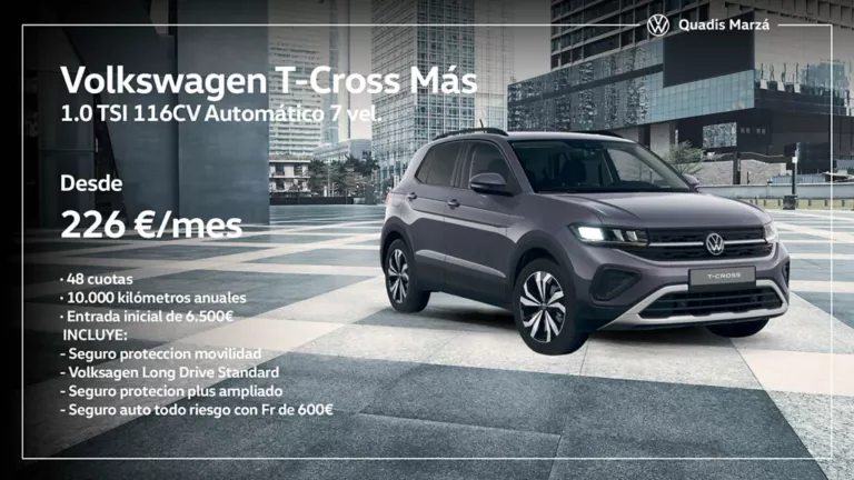 Un Volkswagen T-Cross Más gris liloso en una zona financiera