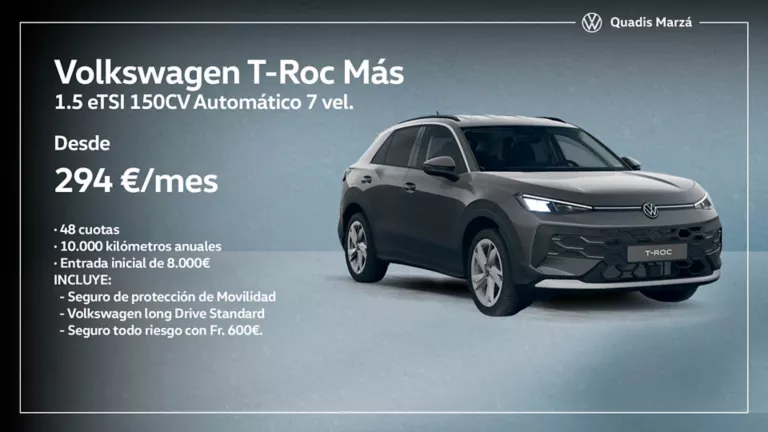 Volkwswagen T-Roc Más gris oscuro con fondo gris e información oferta