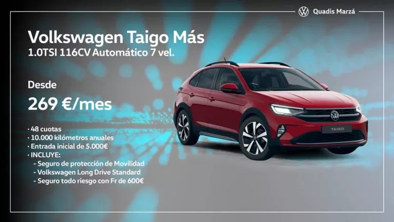 Un Volkswagen Taigo Más rojo con texto de la oferta