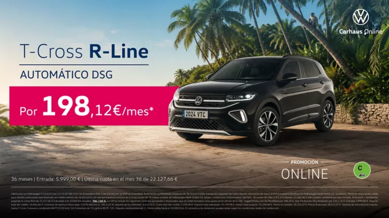 Un Volkswagen T-Cross R-Line negro parado junto unas palmeras
