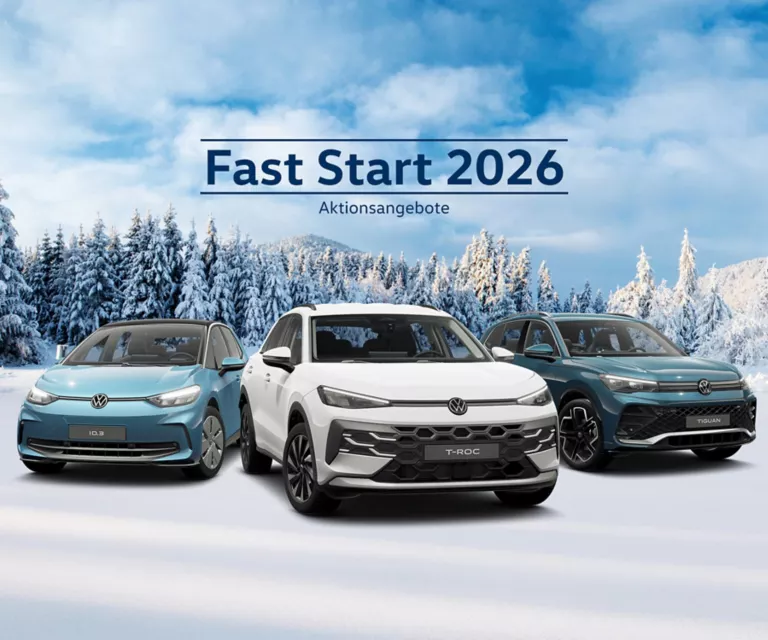 Drei VW-Modelle stehen vor einer Winterlandschaft