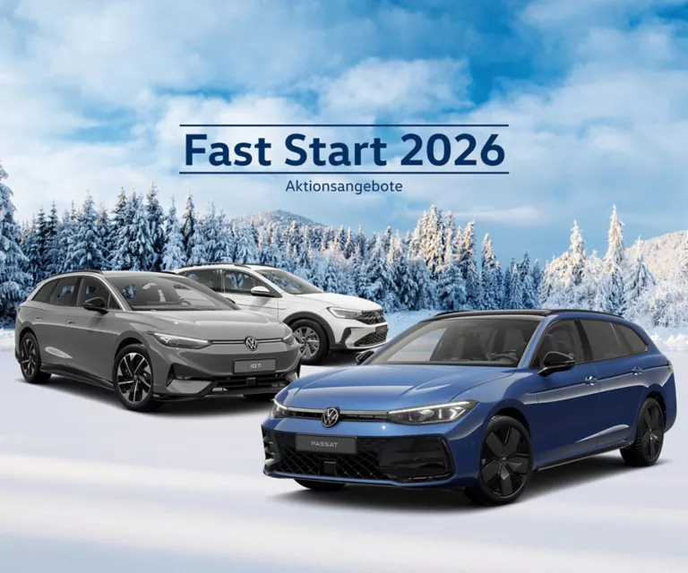 Drei VW-Modelle stehen vor einer Winterlandschaft