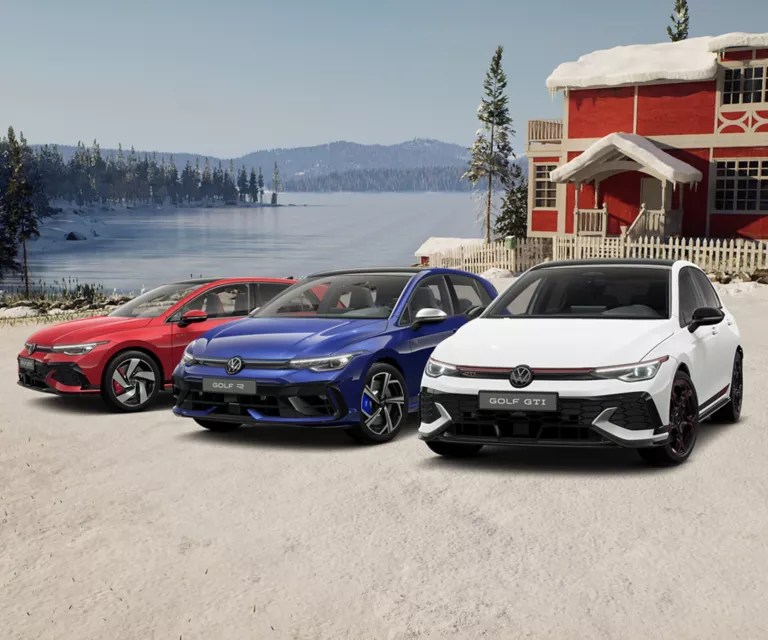 Drei VW Modelle stehen vor verschneitem Haus, im Hintergrund ein See