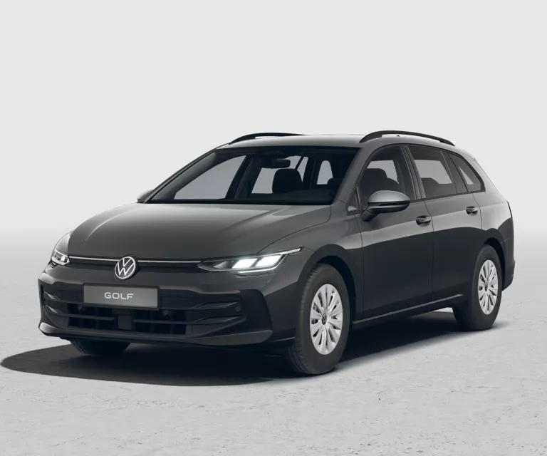 Grauer VW Golf Variant von vorne rechts, mit Dachreling und weißen Radkappen.