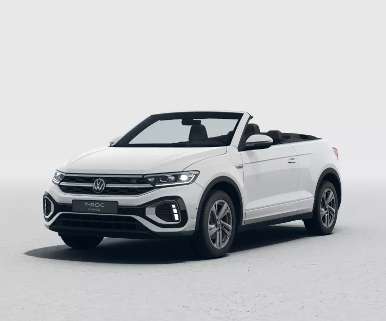 Weißer VW T-Roc Cabriolet R-Line in der Seitenansicht.
