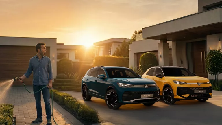 Ein blauer VW Tiguan und ein gelber VW T-Roc stehen im Sonnenuntergang auf einer asphaltiertem Einfahrt neben einem Mann der seinen Garten wässert.