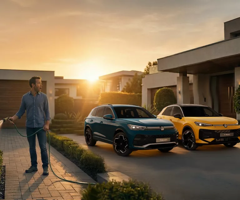 Ein blauer VW Tiguan und ein gelber VW T-Roc stehen im Sonnenuntergang auf einer asphaltiertem Einfahrt neben einem Mann der seinen Garten wässert.